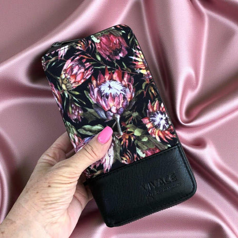 VIVACE Wallet: Large Black Canvas with Protea Design & Black PU Trim