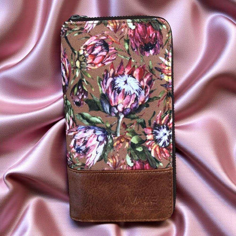 VIVACE Wallet: Large Brown Canvas with Protea Design & PU Leather Trim