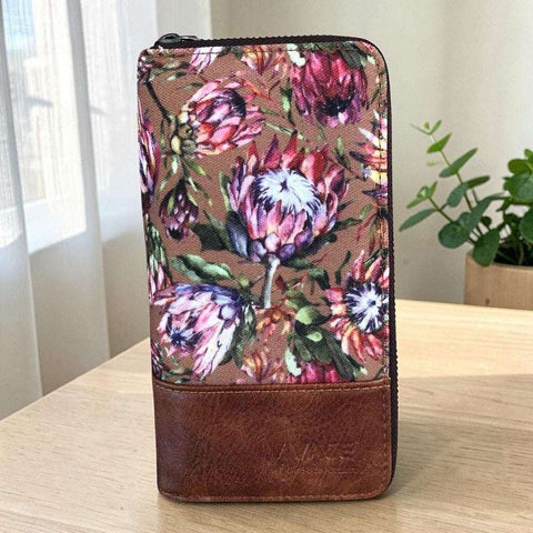 VIVACE Wallet: Large Brown Canvas with Protea Design & PU Leather Trim