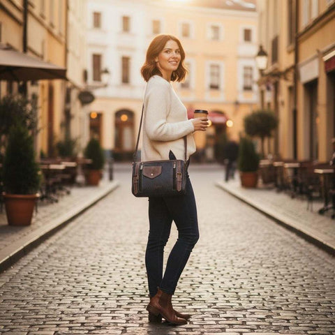 Cotton Road Charcoal Black PU Leather Sling Bag with brown trim and branded strap showcasing zip pockets and compact crossbody design