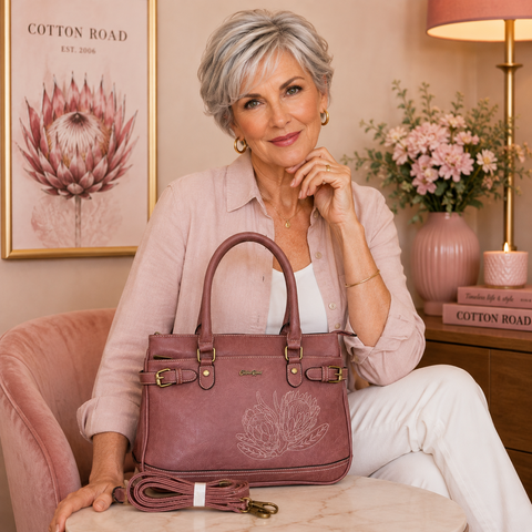 Cotton Road pink PU leather handbag with embroidered protea design