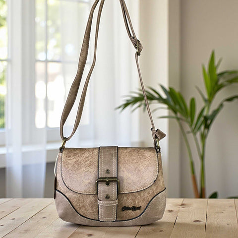 Cotton Road Sling Bag: KHAKI PU Leather Sling Bag with BUCKLE CLIP