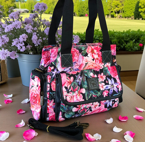 Cotton Road Floral Canvas Handbag with BLACK PU Leather Trim