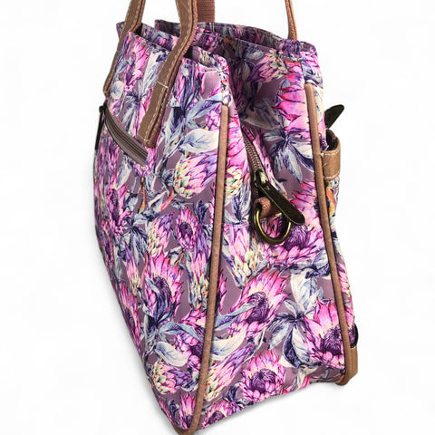 PINK CANVAS Cotton Road Handbag with PROTEAS and PU LEATHER TRIM